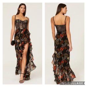 Katie May REVOLVE Senorita Bustier Floral Gown Small Black Ruffle Dress